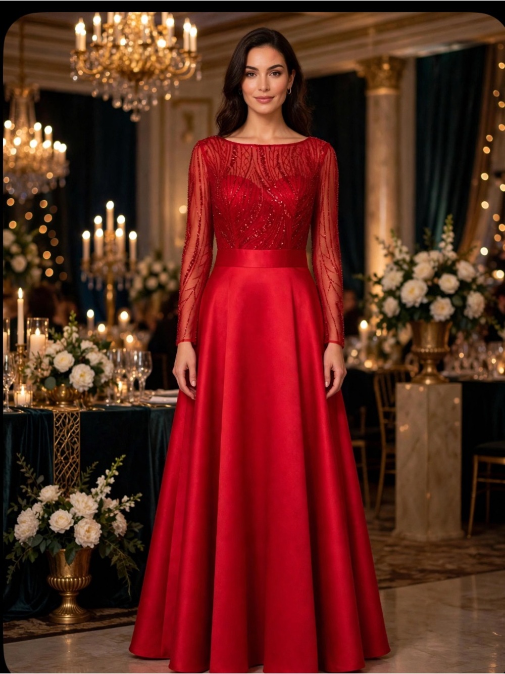 Elegant Red Evening Dress with Beaded Bodice Size XL (12-14)
